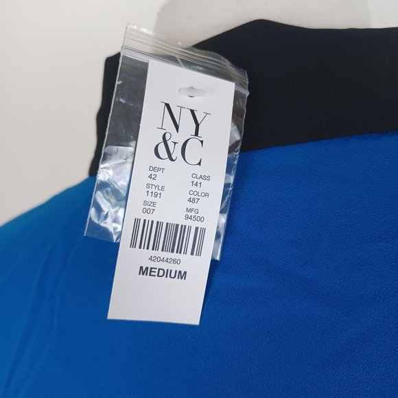 NY&C Women's Blouse Bow Front Long Sleeve Colorblock Blue Black Size Medium - Picture 6 of 7